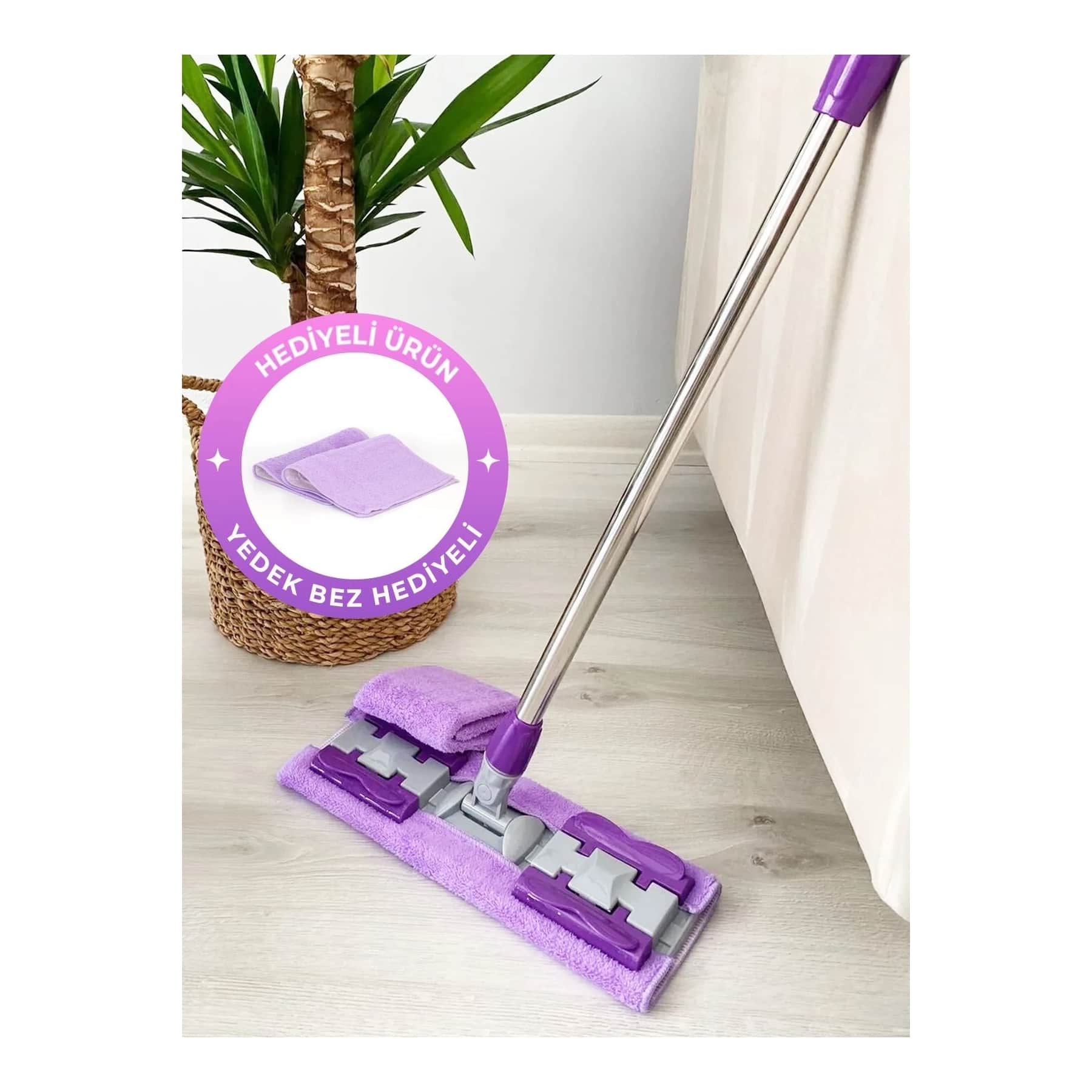 Mikrofiber Bezli Teleskopik Mor Mop (Yedek Bez Hediyeli)
